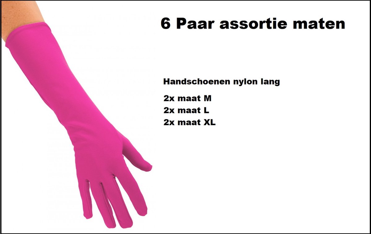 6x Paar Handschoenen nylon lang pink assortie maten M, L en XL - Themafeest | Sinterklaas | Piet | Sint | Pieten | Handschoen